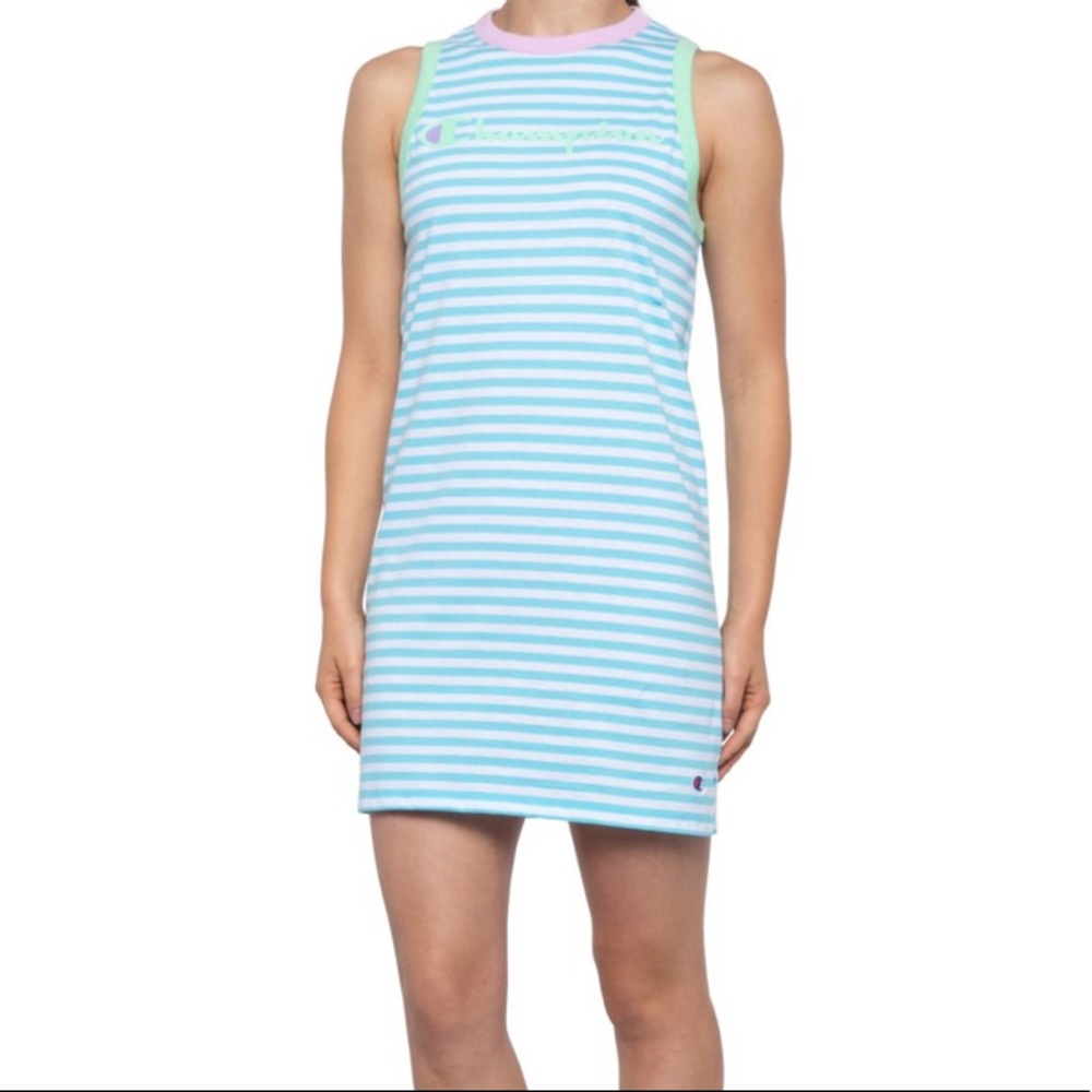 🆕 Champion Campus Tank Dress Sleeveless Blue & white stripes